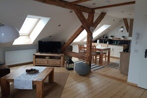 Smart TV, fireplace, DVD player, books