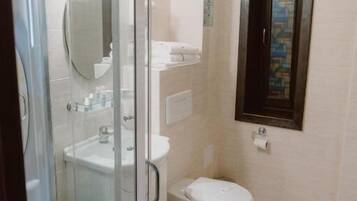 A bathroom with a glass shower enclosure, a toilet, and a sink.