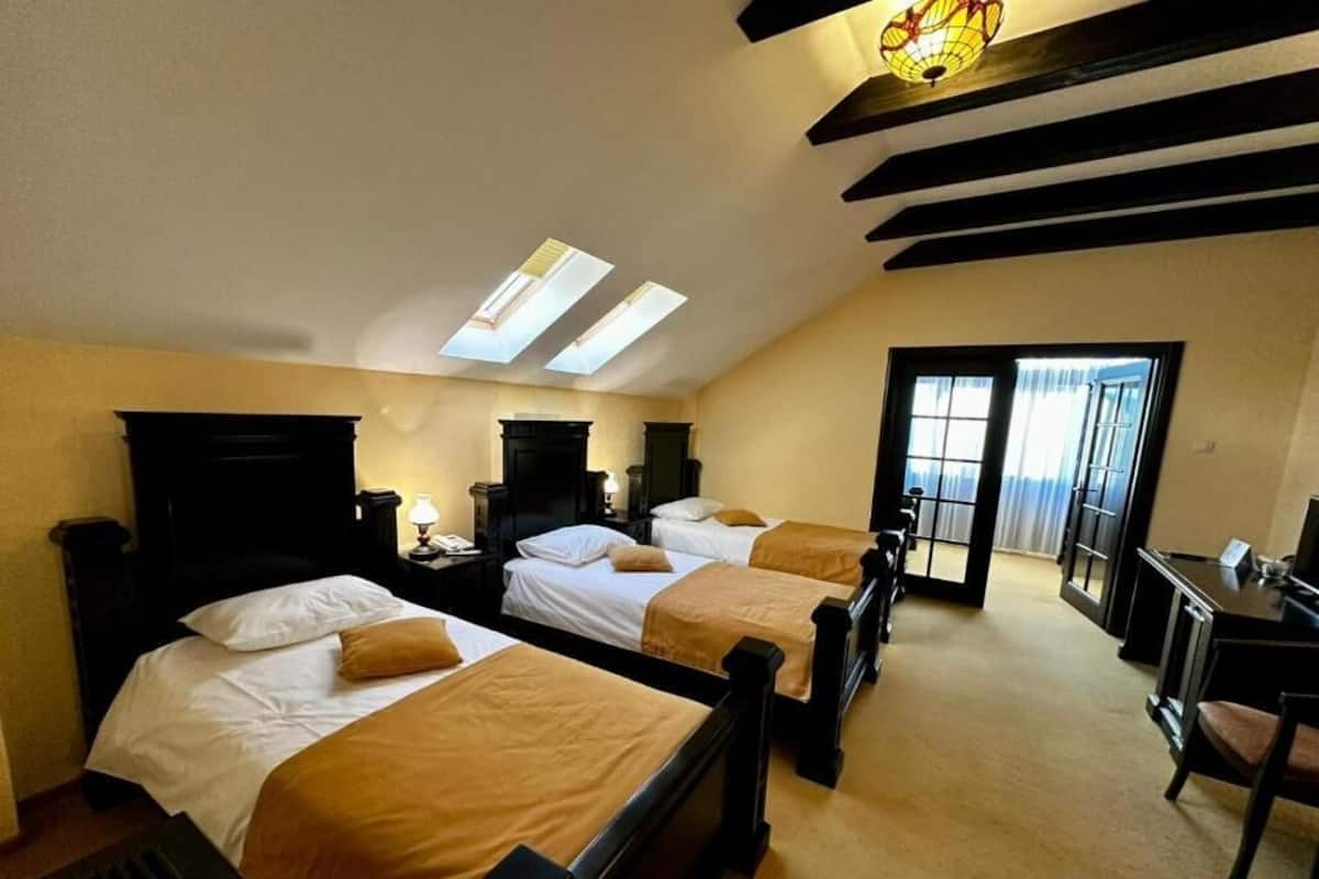 Quarto com três camas, uma escrivaninha e uma cadeira. Possui claraboias e uma janela.