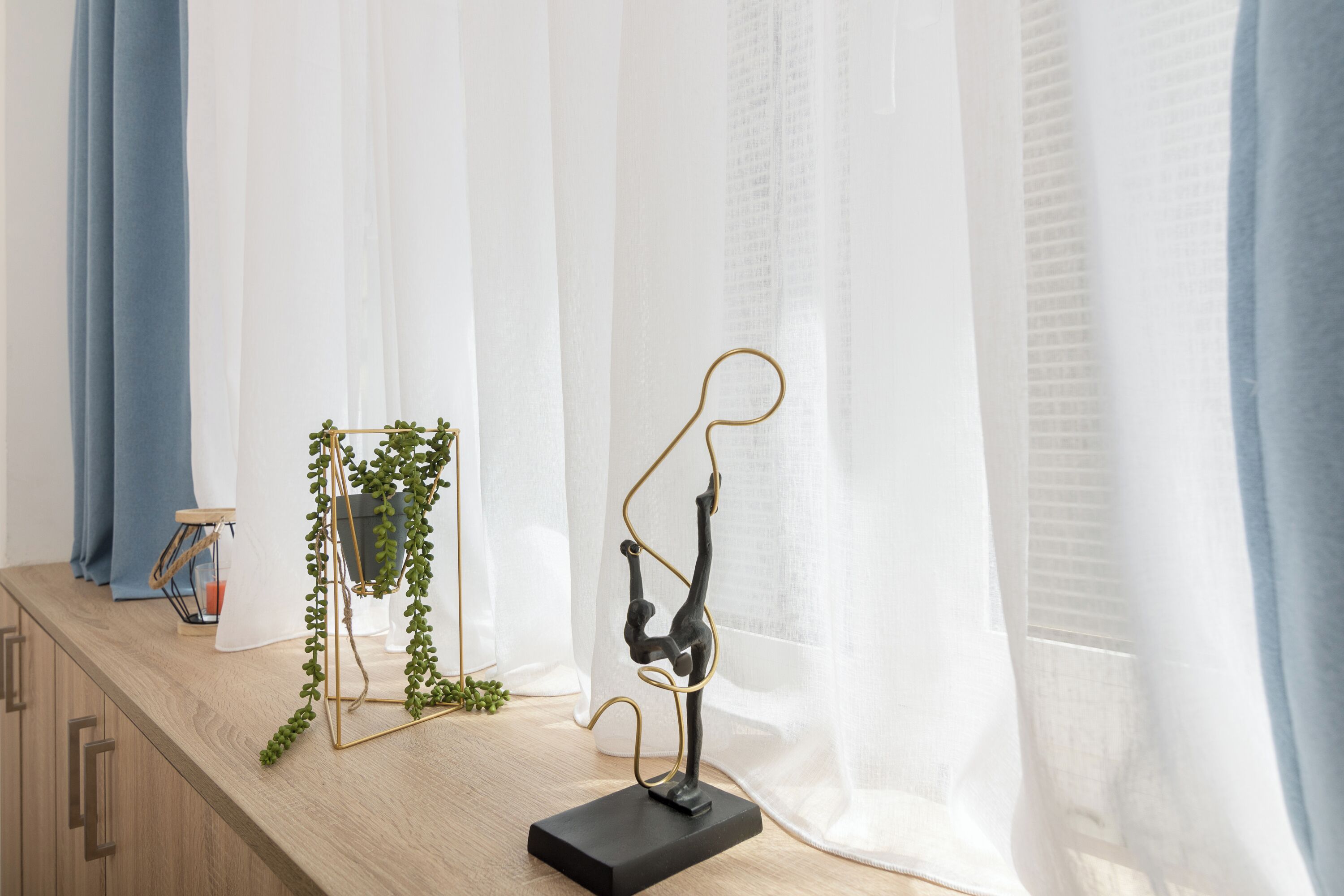 Een houten toonbank met een zwart beeld, een groene plant en een glazen vaas.