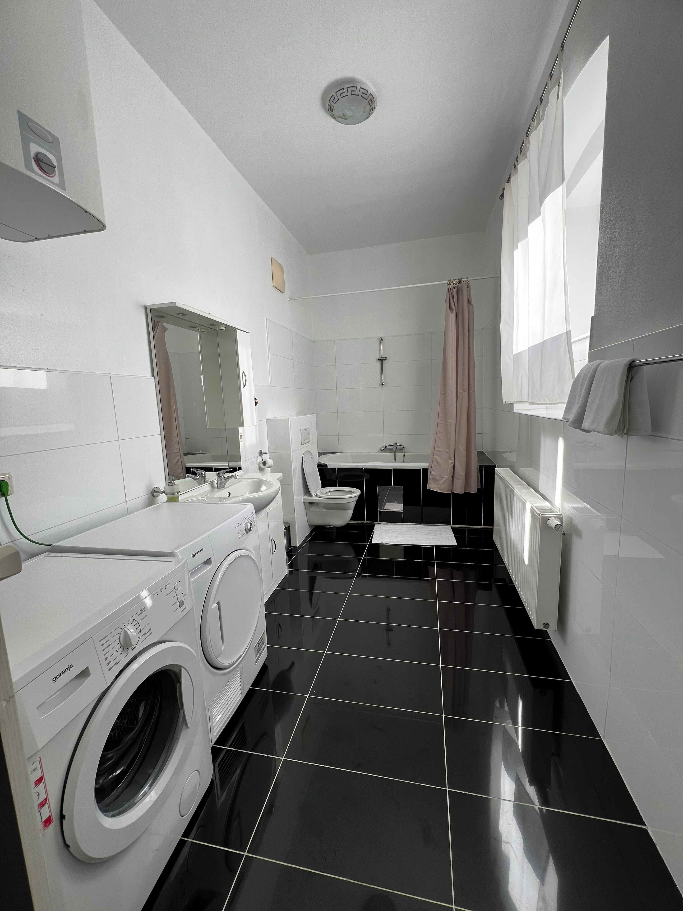 Hair dryer, towels, soap, toilet paper