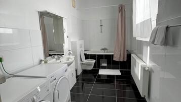 Hair dryer, towels, soap, toilet paper