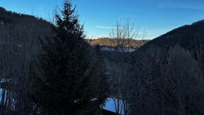 A mountainous landscape with dense forests and a clear blue sky.