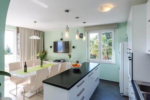 Fridge, microwave, oven, stovetop