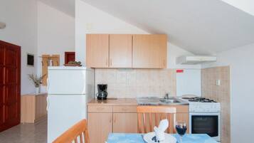 Een koelkast, een oven, een kookplaat, een koffiezetapparaat/waterkoker