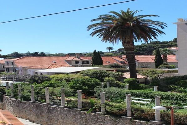 Un quartier résidentiel avec des maisons aux toits de tuiles, un palmier et un mur de pierre agrémenté de bornes.