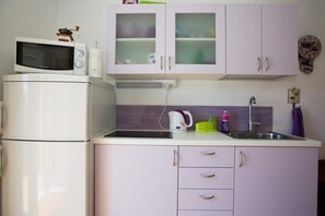 Kühlschrank, Mikrowelle, Herdplatte, Wasserkocher mit Kaffee-/Teezubehör