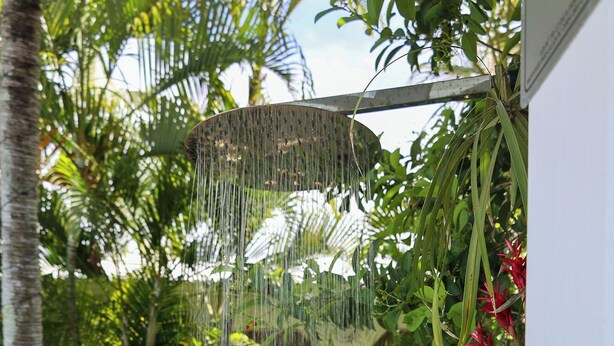 Un jardín con fuente de agua, terraza de madera y diversas plantas.