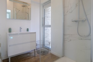 Shower, hair dryer, towels