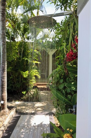A garden with a water feature, a wooden deck, and various plants.