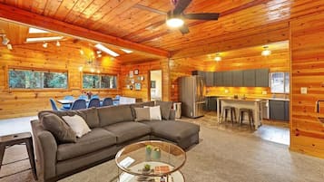 TV, fireplace, books, offices