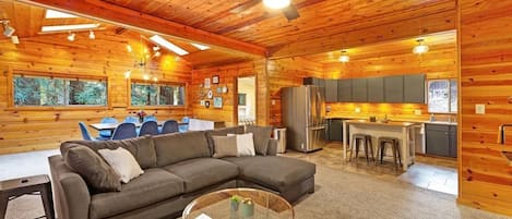 TV, fireplace, books, offices