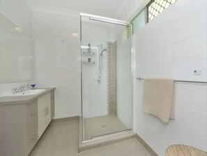Hair dryer, towels, soap, shampoo