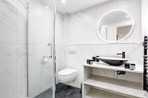 Shower, hair dryer, towels