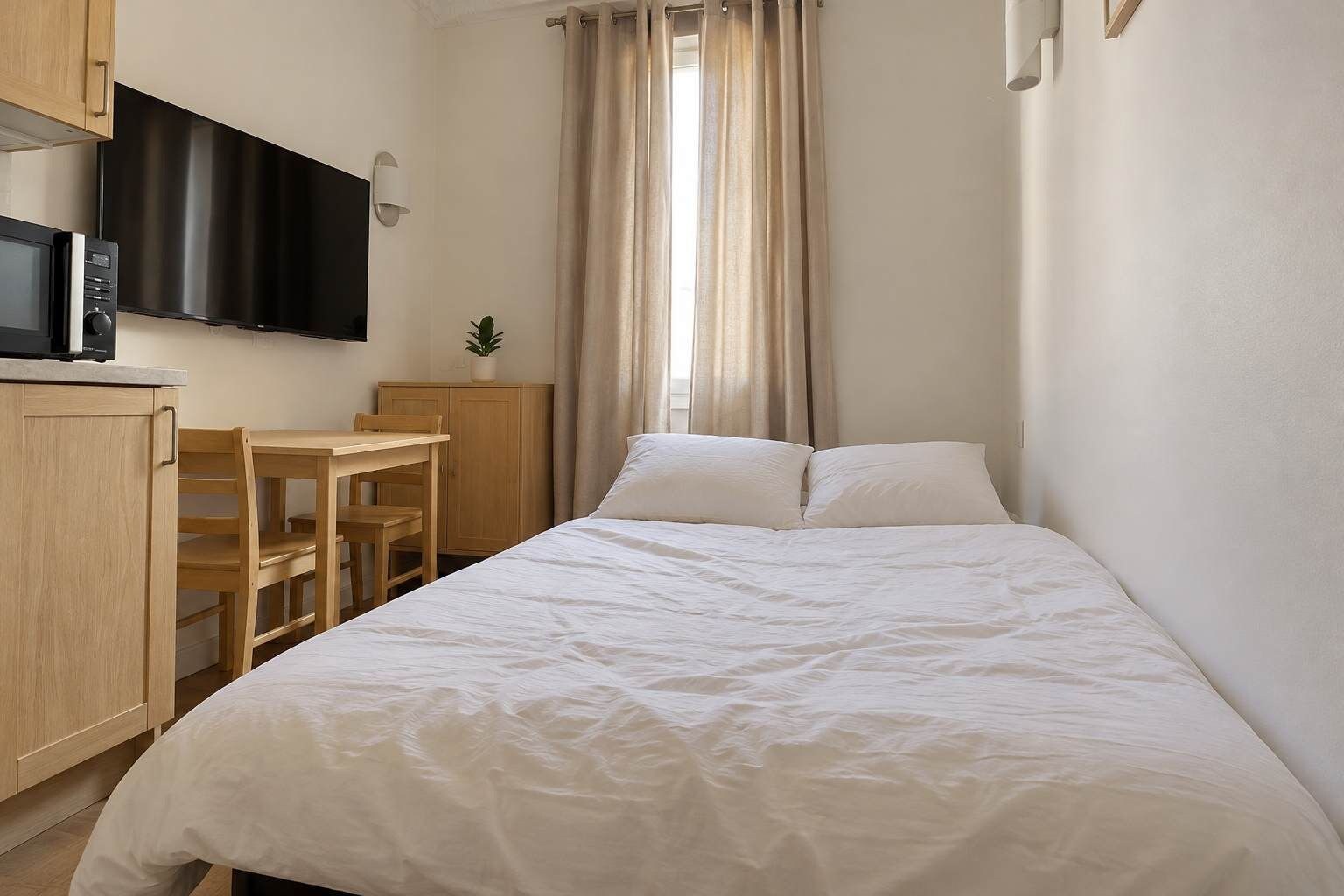A bedroom with a bed, a desk, a chair, a television, and a plant.