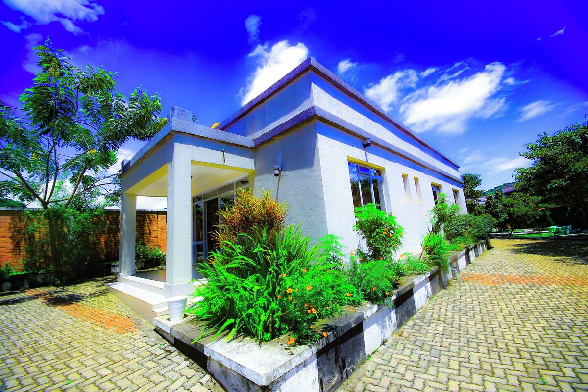 Una casa moderna con un porche cubierto, un sendero de ladrillo y abundante vegetación.