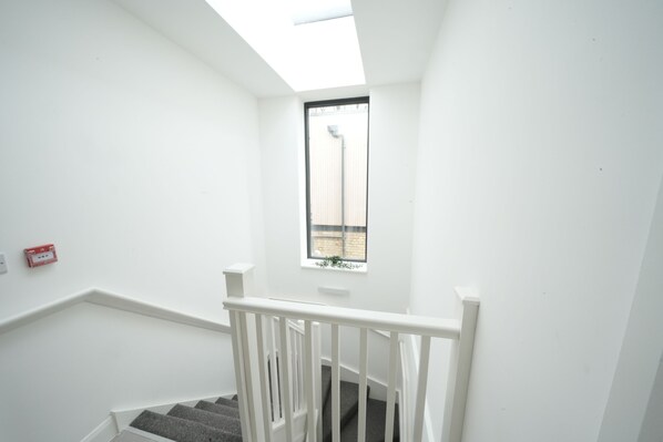 A staircase with white railings and a skylight above.