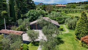 Une villa entourée d’une végétation luxuriante, avec un chemin de pierre menant à l’entrée.
