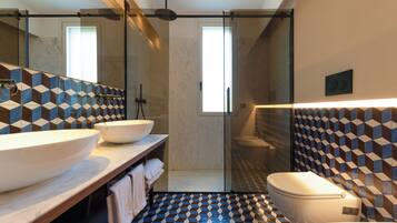 Shower, hair dryer, bidet, towels