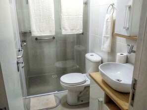 Hair dryer, towels, toilet paper