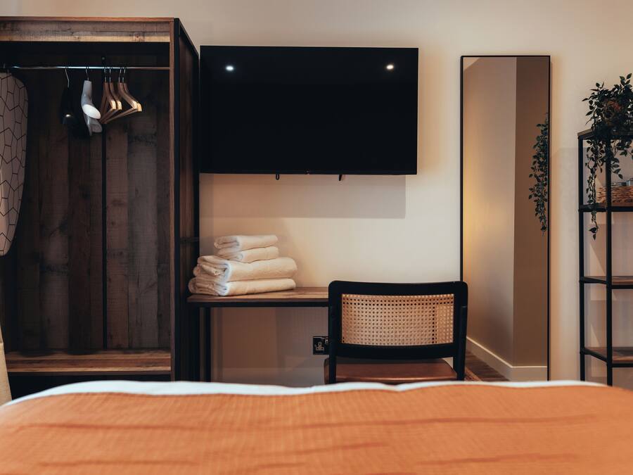Quarto com cama, guarda-roupa de madeira, uma cadeira, escrivaninha, televisão e prateleira com plantas.