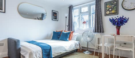 1 bedroom, desk, iron/ironing board, travel cot