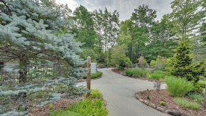 A pathway leading through a landscaped area with various trees and shrubs. - Blue Ridge Pkwy View & Deck: Brevard Home! (Brevard)
