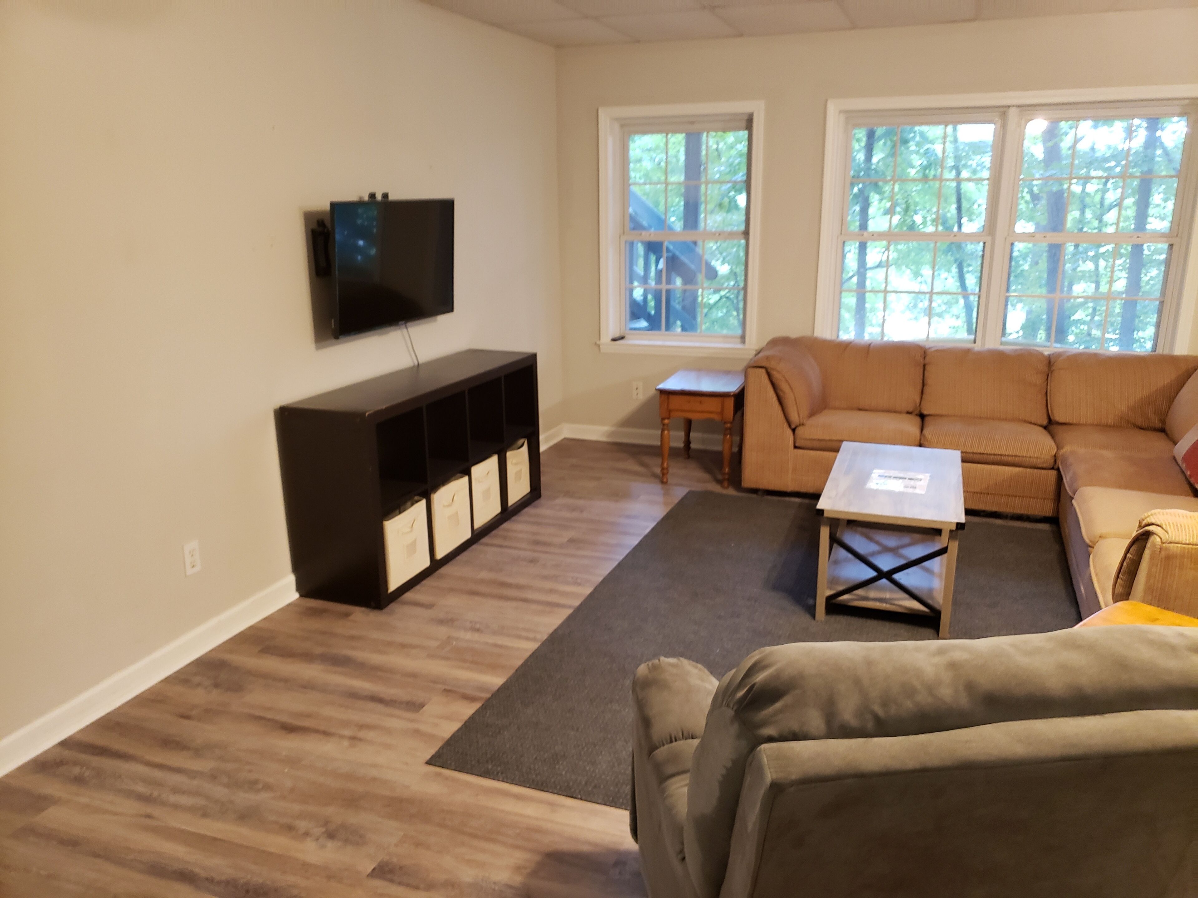 Una sala de estar con un sofá, una mesa de centro, un televisor sobre un mueble bajo y una ventana con vista a árboles.
