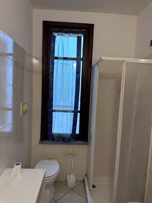 Een douche, een haardroger, een bidet, handdoeken