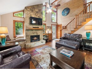Smart TV, fireplace, DVD player, books