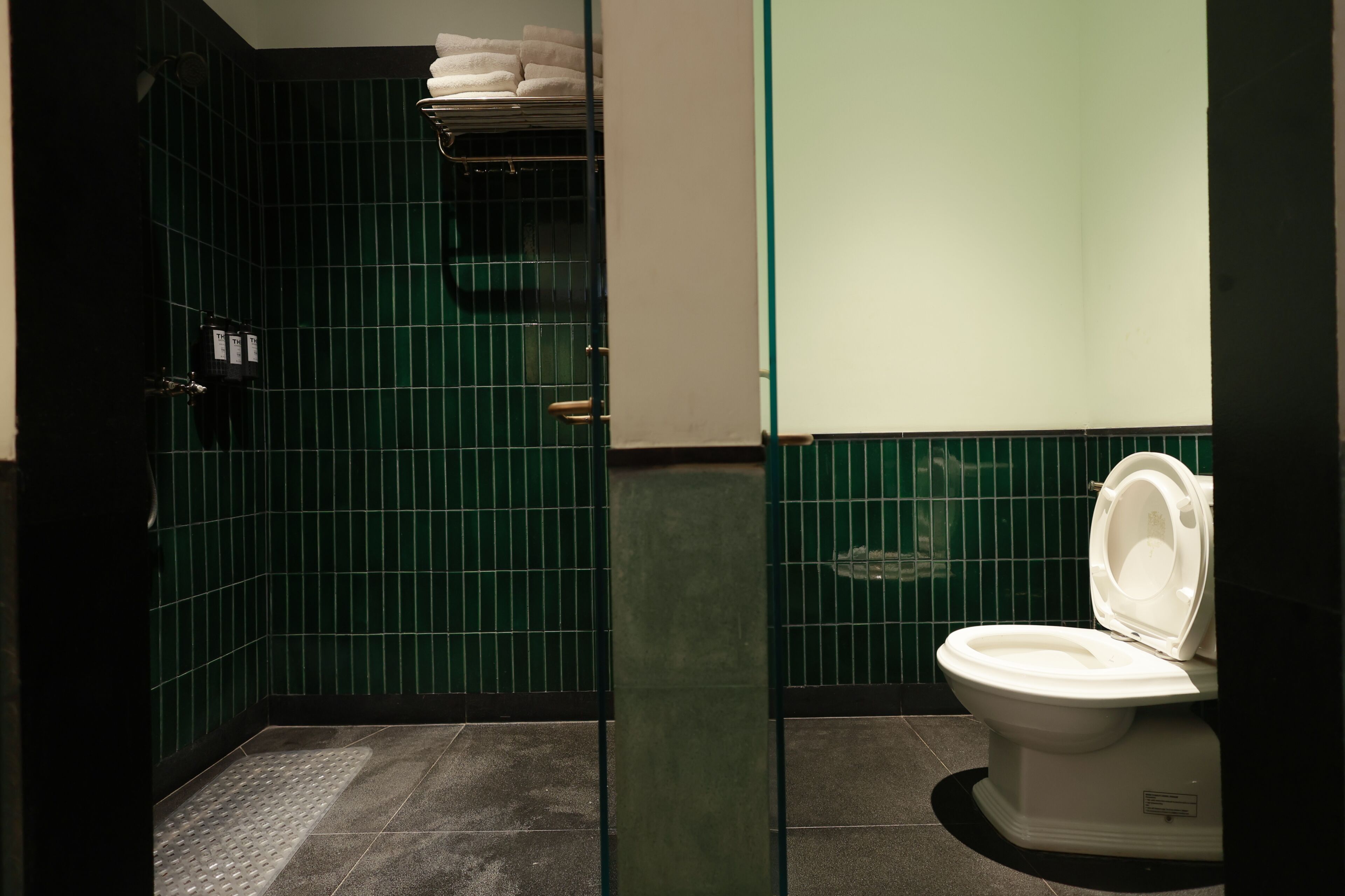 A bathroom with a toilet, a shower area, and a towel rack.