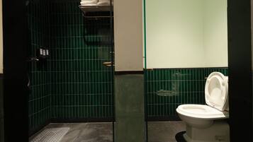 A bathroom with a toilet, a shower area, and a towel rack.
