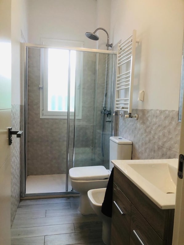 Shower, hair dryer, towels, soap
