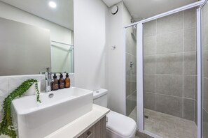 Shower, hair dryer, towels, soap