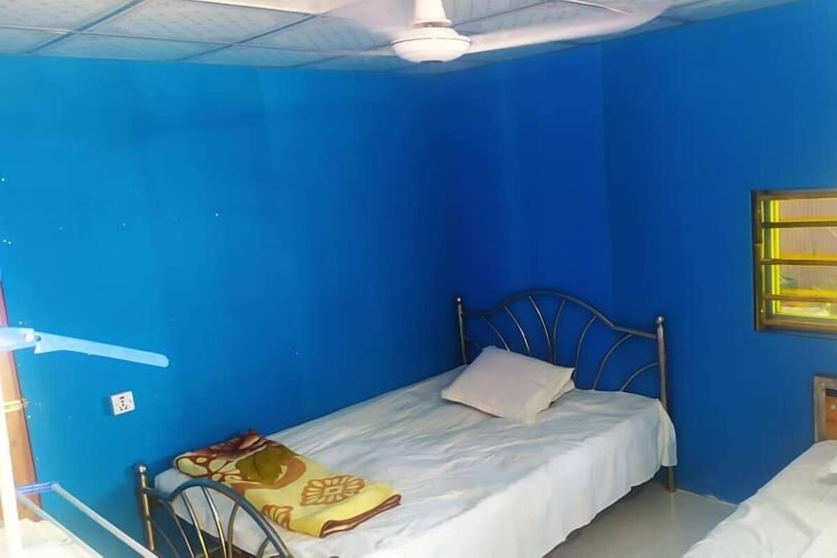 A single-bed room with a blue wall, a window with yellow blinds, a ceiling fan, and a wheelchair.