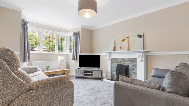 A living room with a fireplace, a television, and two sofas. - Cozy Maisonette in Langley Vale  (Epsom)