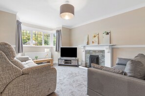 A living room with a fireplace, a television, and two sofas.