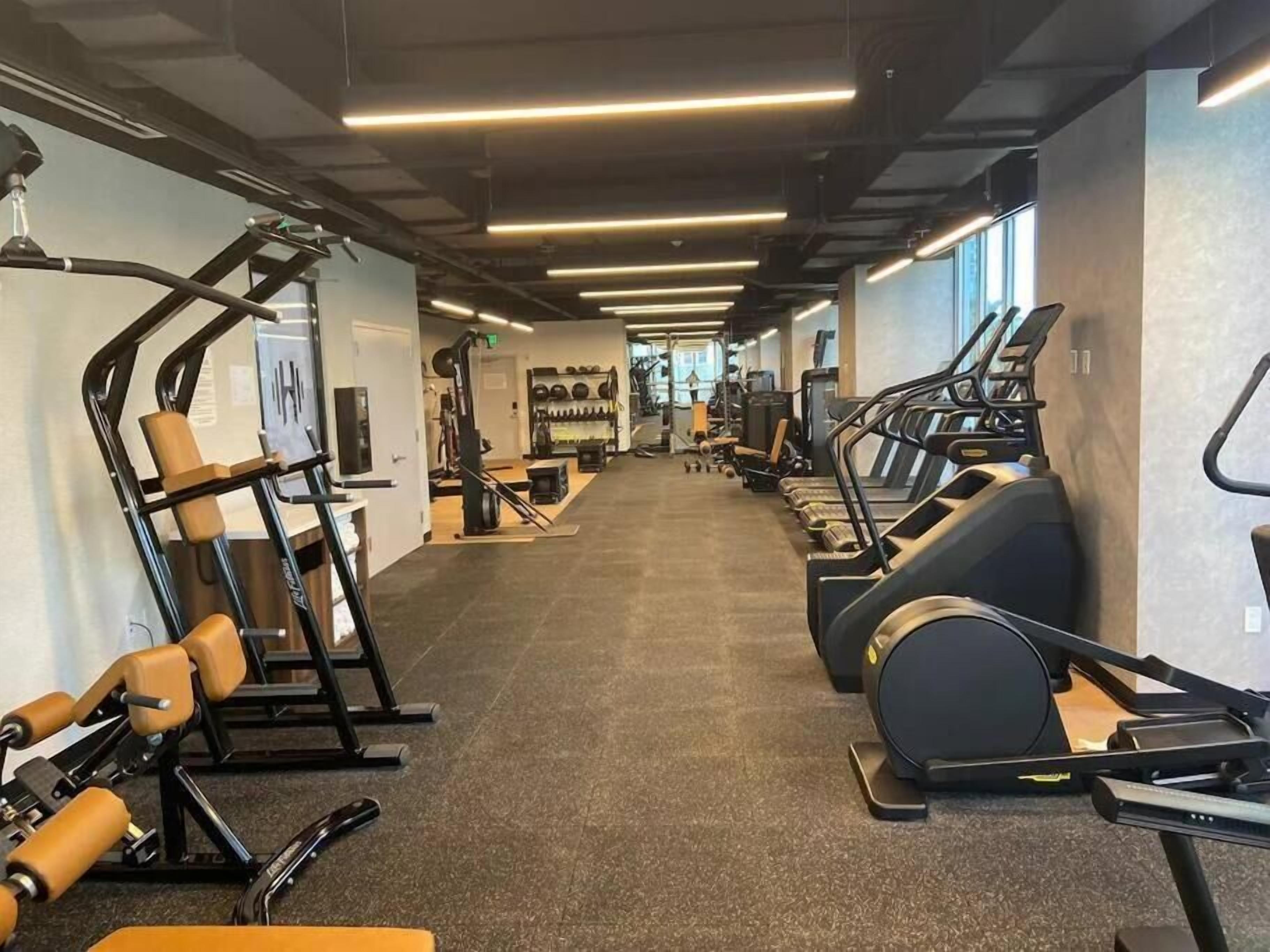 Ein Fitnessstudio mit Laufbändern, Kraftgeräten und Trainingsbällen.