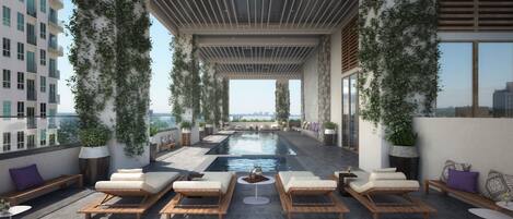 Alberca al aire libre, acceso de 07:00 a 19:00, y camastros