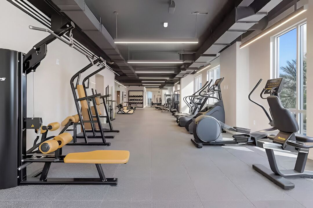 A modern gym with various exercise equipment, including treadmills, stationary bikes, and weight machines.