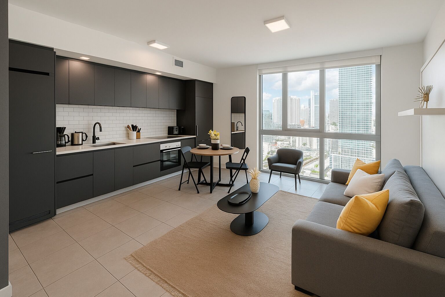 A modern apartment with a kitchen, dining area, and living room.