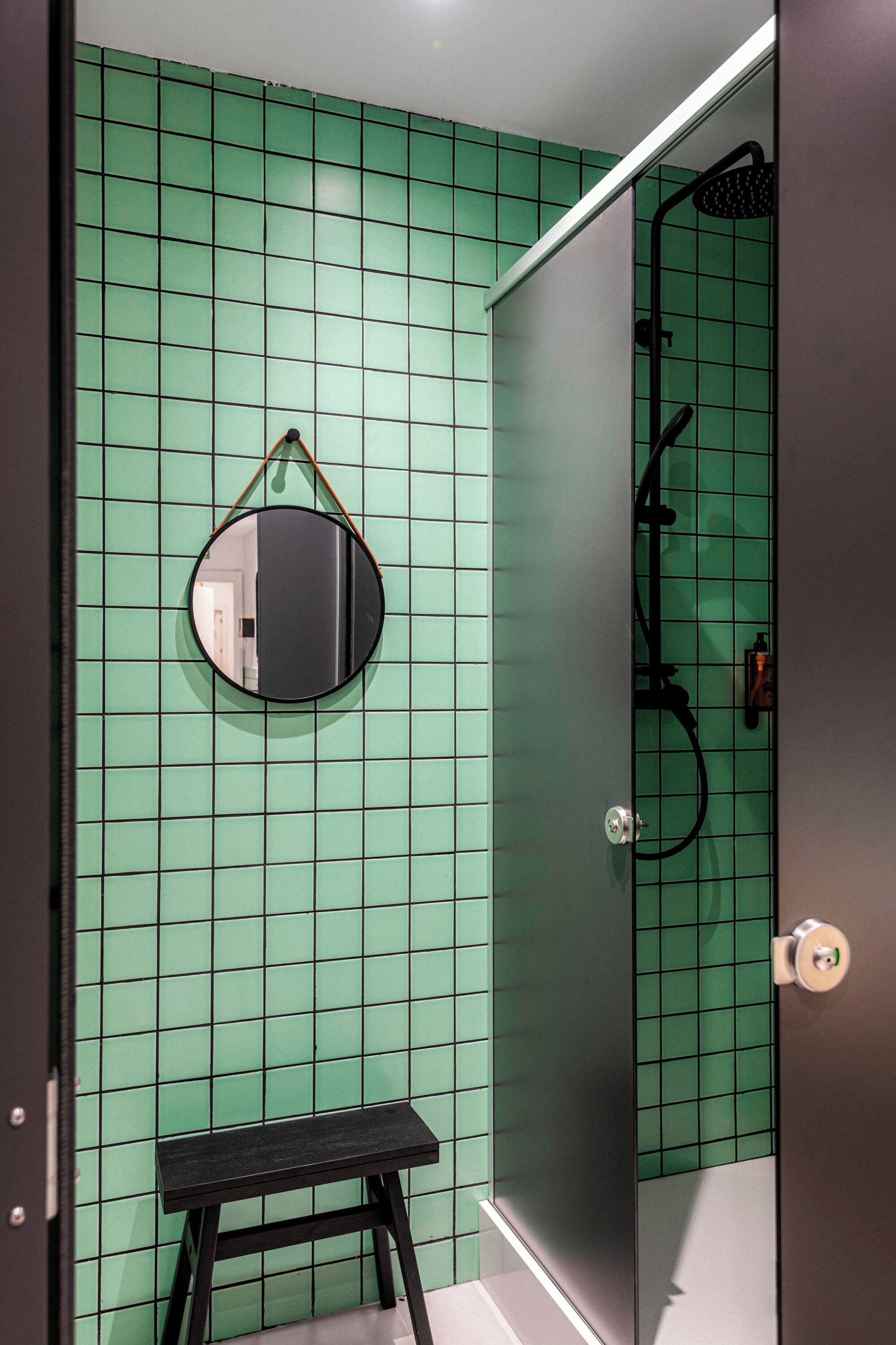 Shower, hair dryer, soap, shampoo
