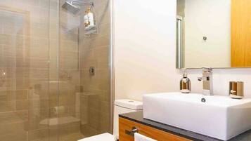 Shower, hair dryer, towels, shampoo
