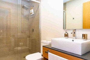Dusche, Haartrockner, Handtücher, Shampoo