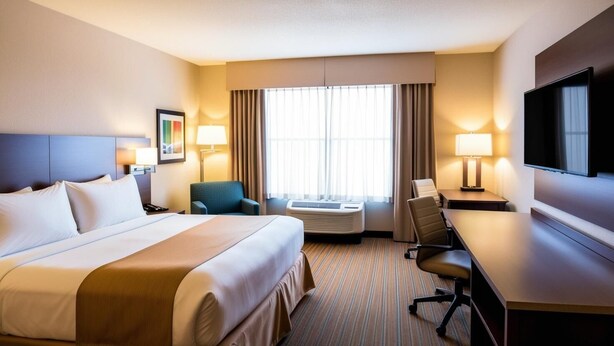 Une chambre d’hôtel avec un grand lit, un bureau, deux chaises, un téléviseur à écran plat et une fenêtre avec des rideaux.