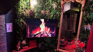 Una habitación con televisión, espejo, chimenea y una estatua de león.