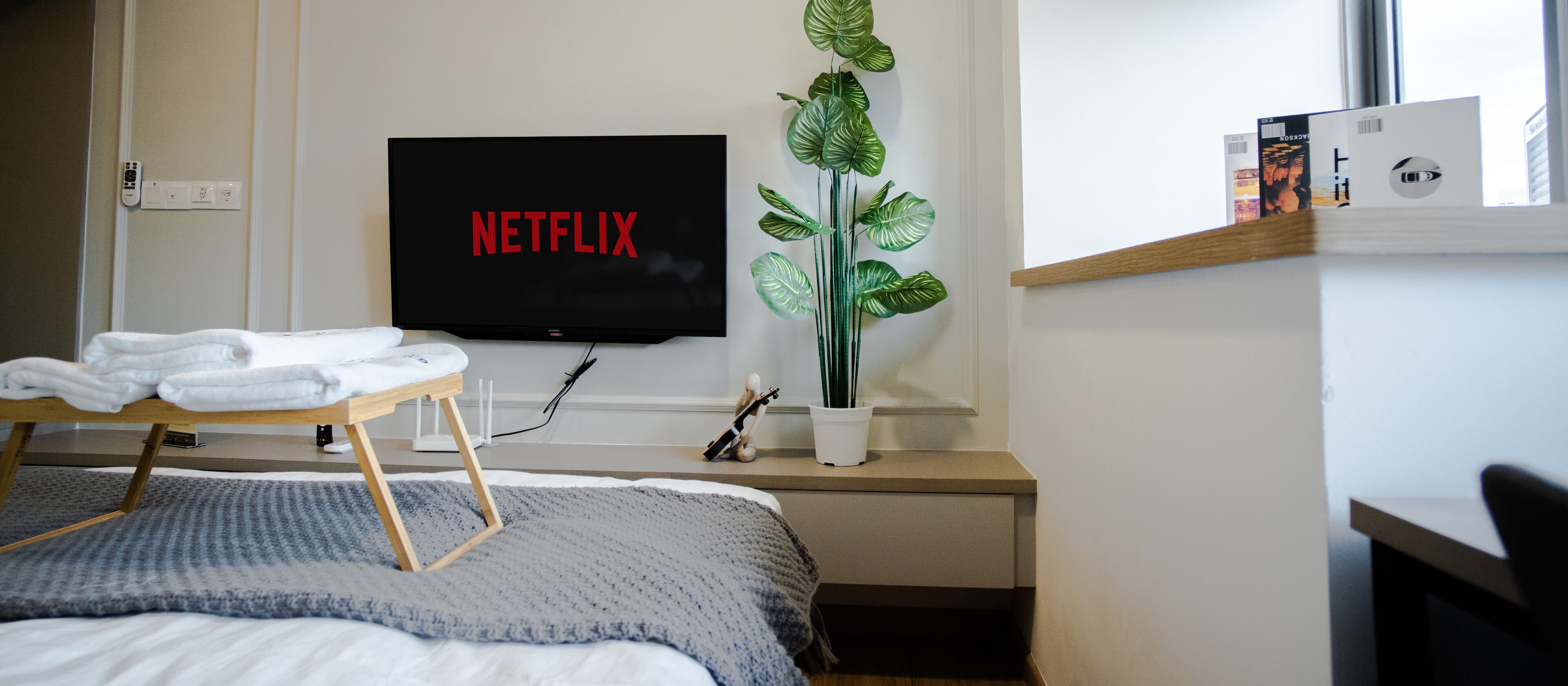 Une chambre d’hôtel avec un lit, une table de chevet avec des serviettes, un téléviseur fixé au mur affichant le logo « NETFLIX », une plante en pot et une étagère avec des livres et un appareil photo.
