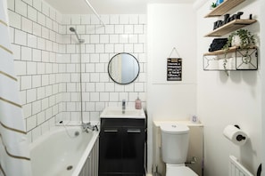 Hair dryer, towels, soap, shampoo