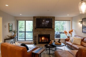 Smart TV, chimenea, estéreo