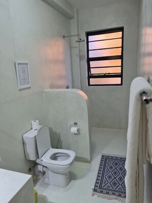 Shower, towels, soap, shampoo
